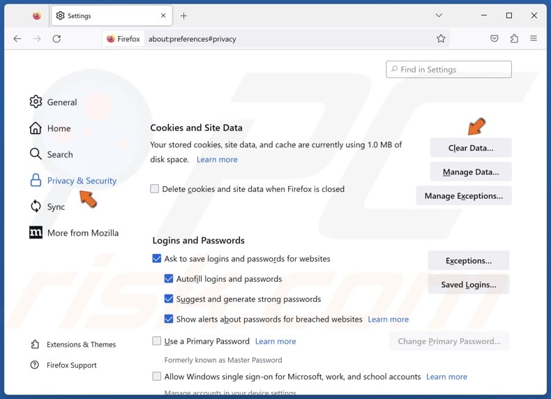 Select the Privacy & security panel and click Clear Data