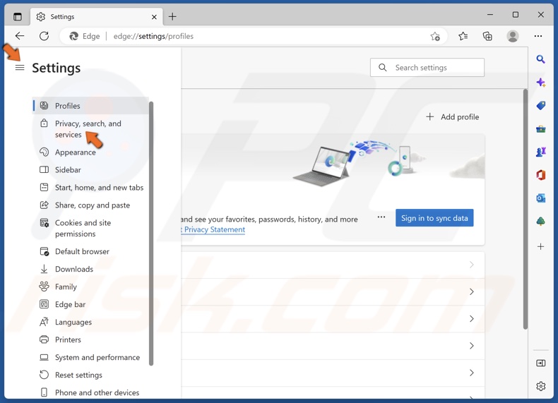 Select Privacy, search, and services