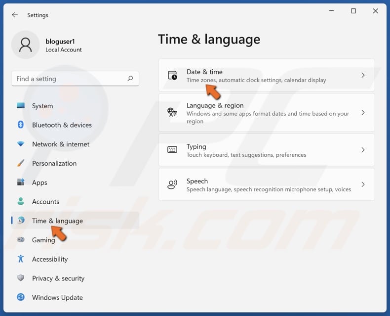 Select the Time & language panel and click Date & time