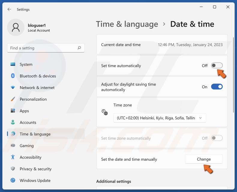 Toggle off Set time automatically and click Change