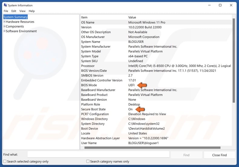 Check if BIOS mode is set to UEFI and Secure Boot State is set to On