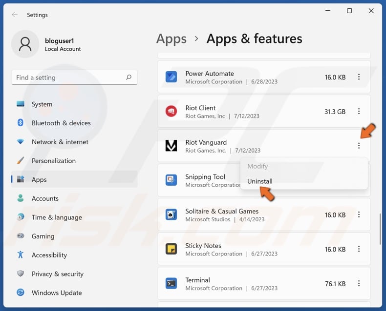 Click the three-dot button next to Riot Vanguard and click Uninstall