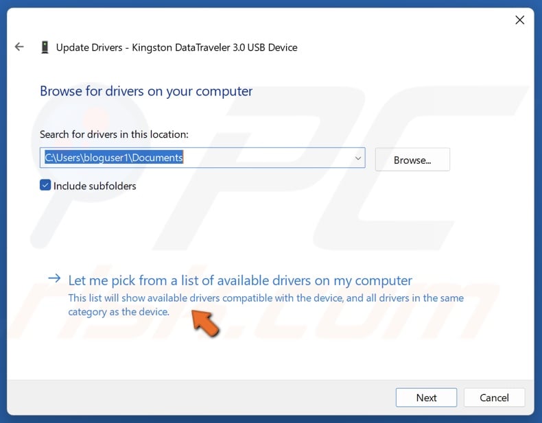 Click Let my pick from a list of available drivers on my computer