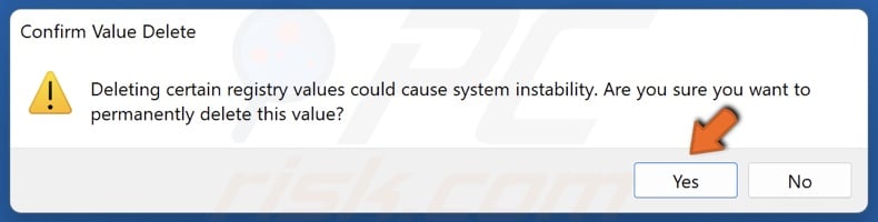 Click Yes to confirm value removal