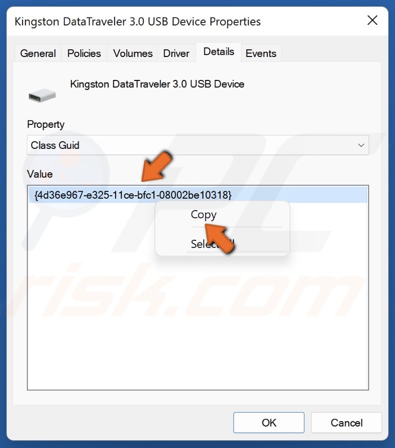 Right-click the Guid value and click Copy