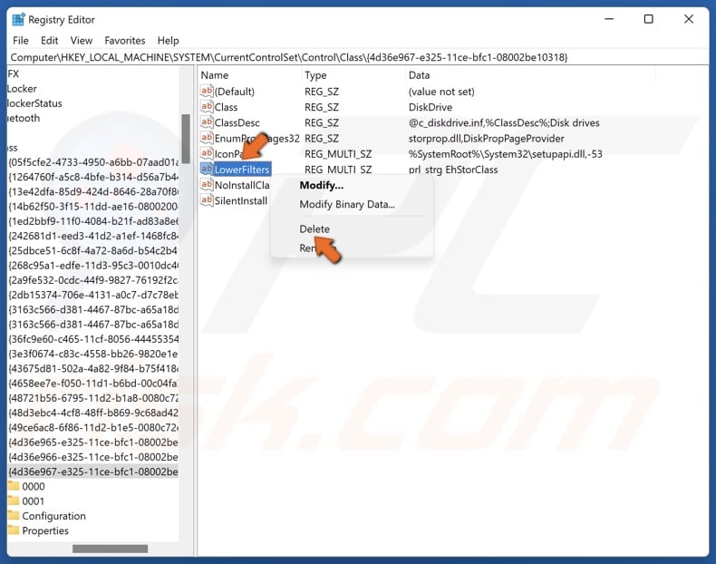 Right-click LowerFilters and click Delete