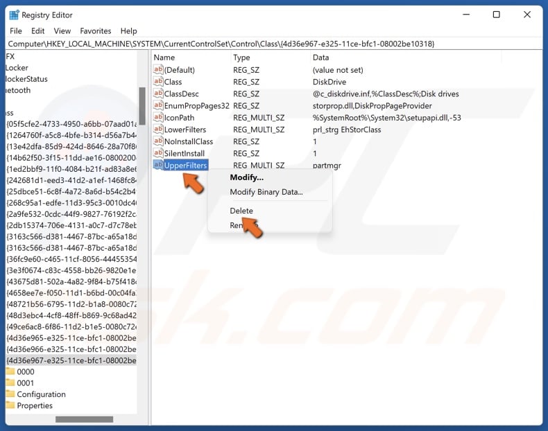 Right-click UpperFilters and click Delete