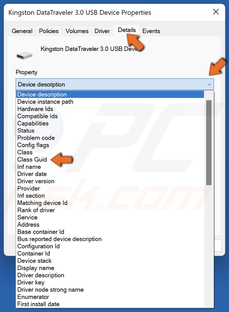 Select the Details tab, open the Property drop-down meu and select Class Giud