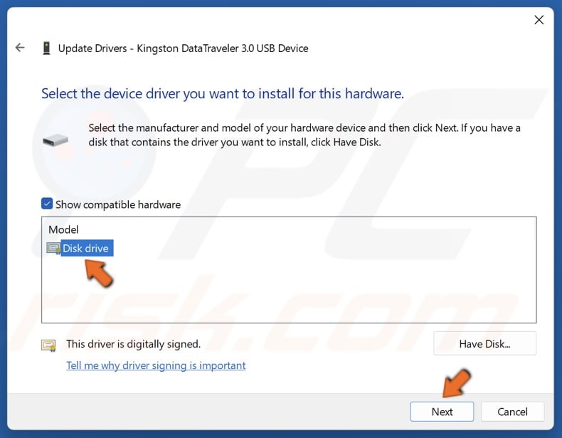 Select a driver and click Next