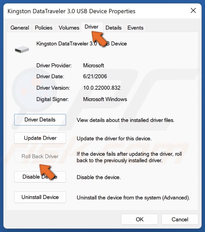 Select the Driver tab and click Roll Back Driver