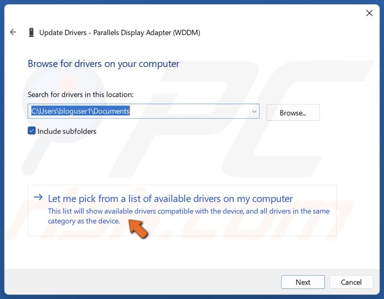 Click Let me pick from a list of available drivers on my computer