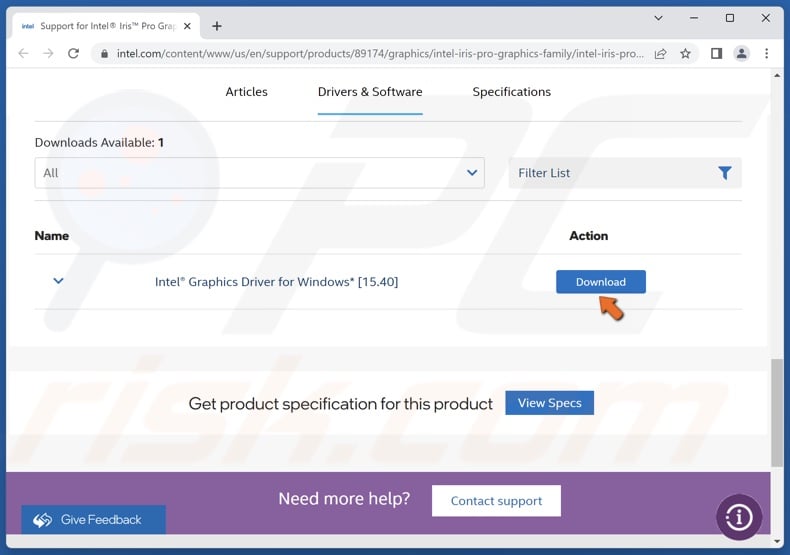 Select Intel graphics driver version and click Download