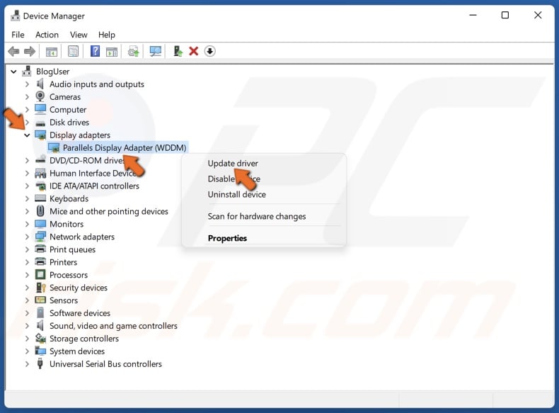 Right-click the display adapter and click Update driver