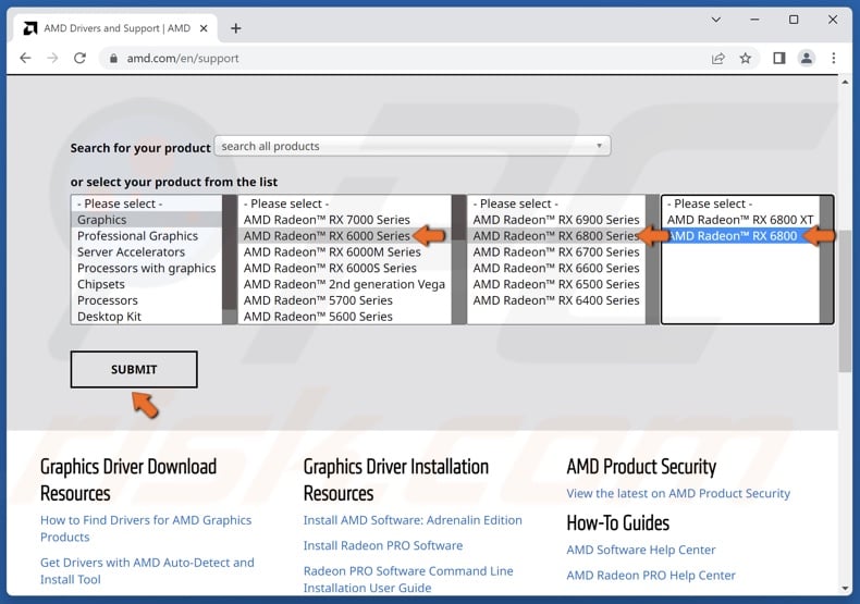 Select AMD graphics card series and model and click Submit