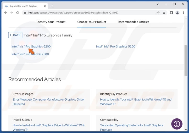 Select the Intel graphics card model