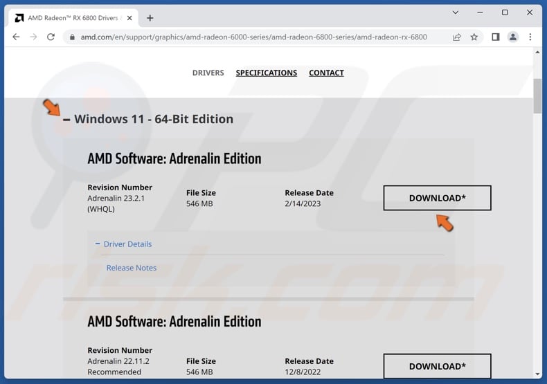 Select the operating system type, AMD graphics driver version and click Download