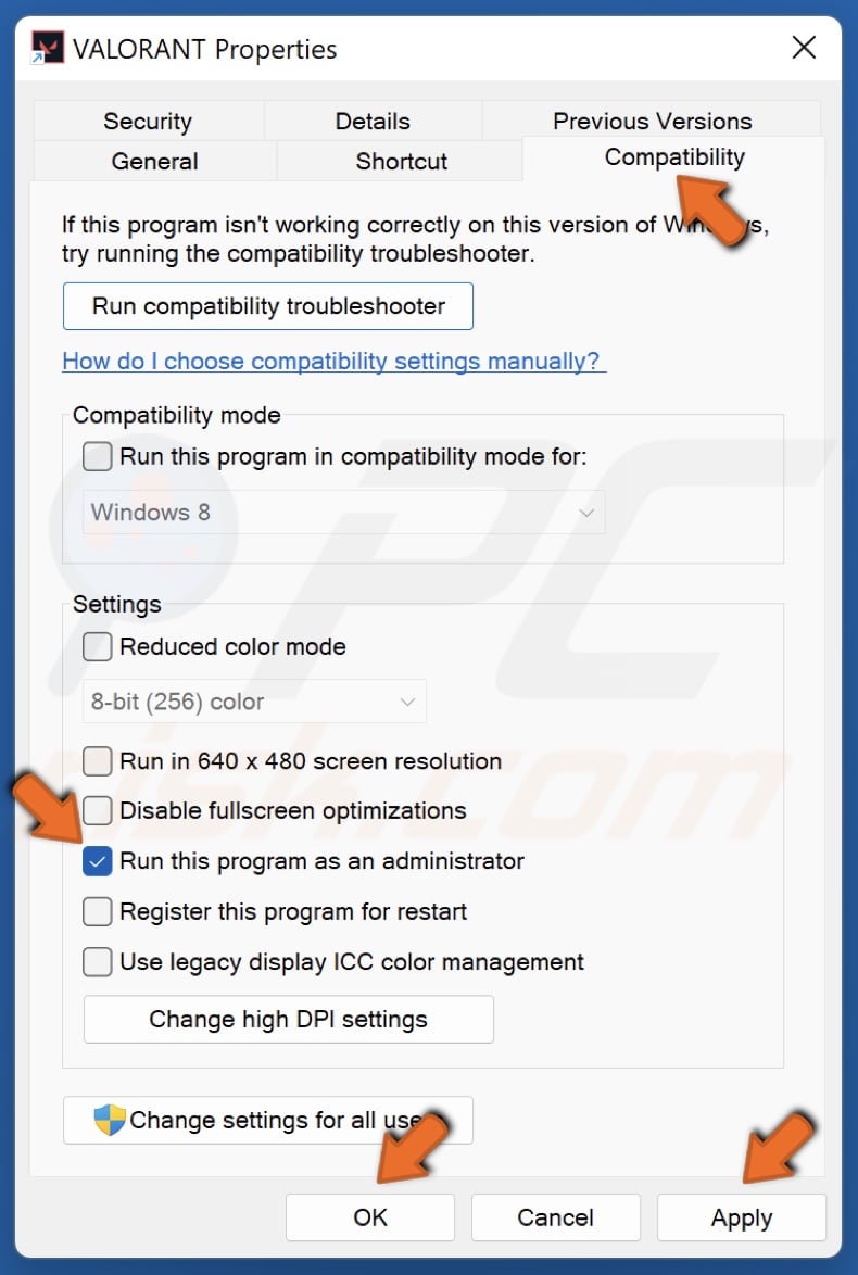 Mark Run this progam as an administrator and click Apply and click OK