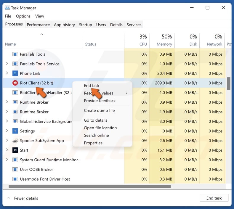 Right-click the Riot Client process and click End task