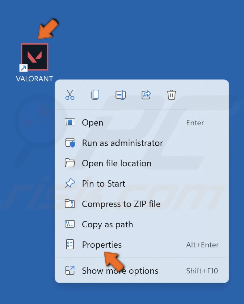 Right-click the Valorant shortcut and click Properties