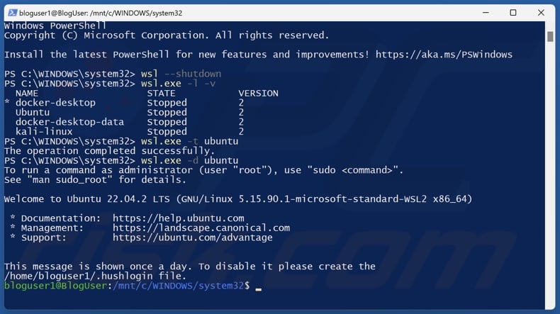 Run the wsl.exe -l -v command, select a distribution to terminate and run wsl.exe -t DistributionName command to terminate it