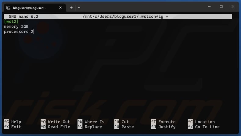 Typoe in [wsl2], memory=2GB, processors=2 in the WSL window
