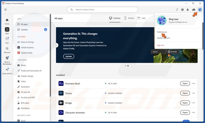Click the Account icon and click Preferences