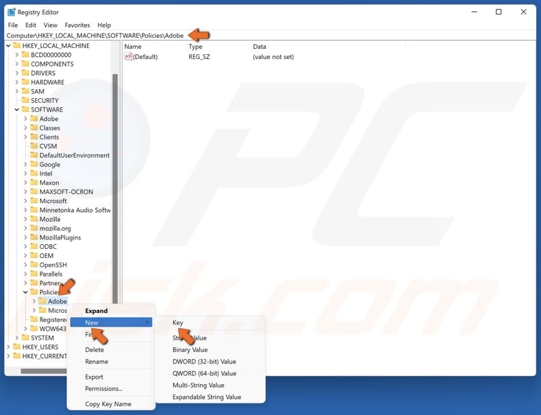 Right-click the Adobe key, select New, and click Key