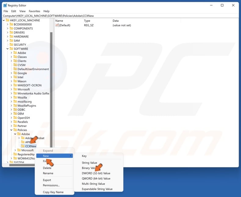 Right-click the CCXNew key, select New, and click DWORD (32-bit) Value