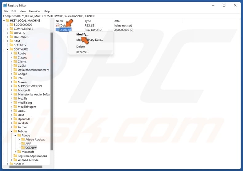 Right-click the Disabled value and click Modify