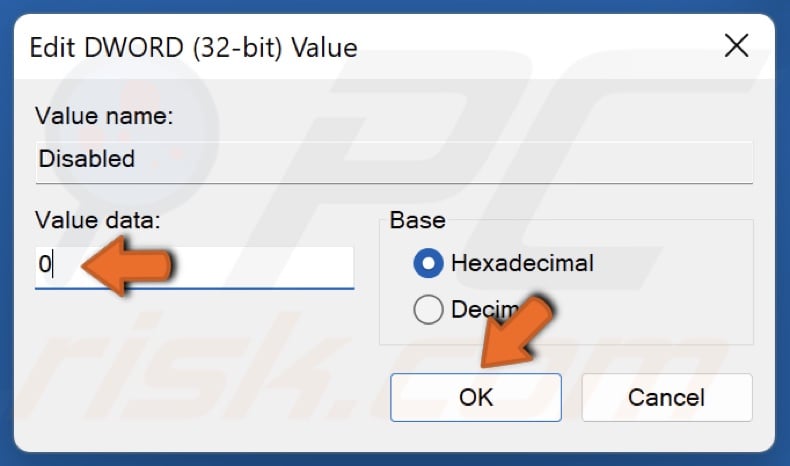 Set the Value data to 0 and click OK
