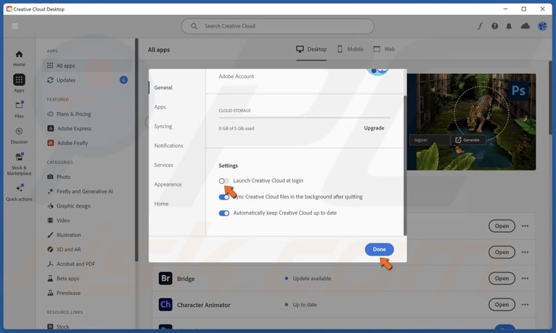 Toggle off the Launch Creative Cloud at login slider, and click Done