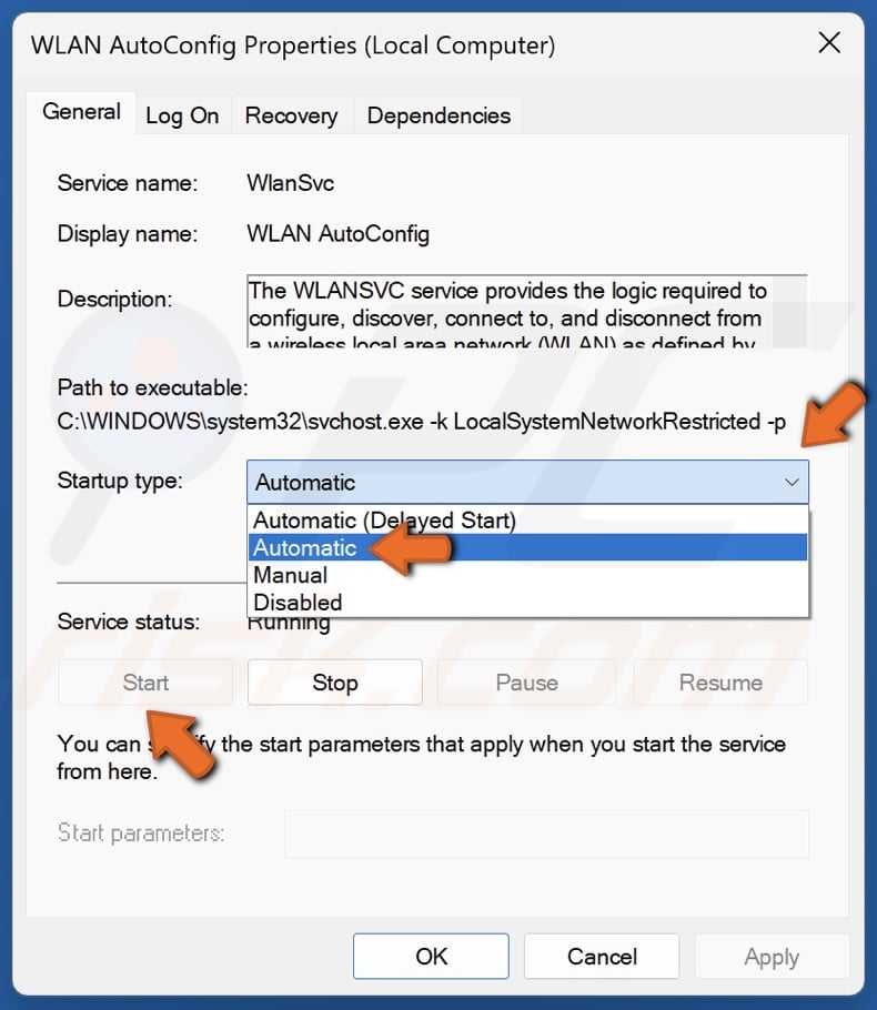 Open the Startup type drop-down menu, select Automatic and click Start