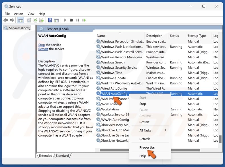 Right-click WLAN AutoConfig and select Properties