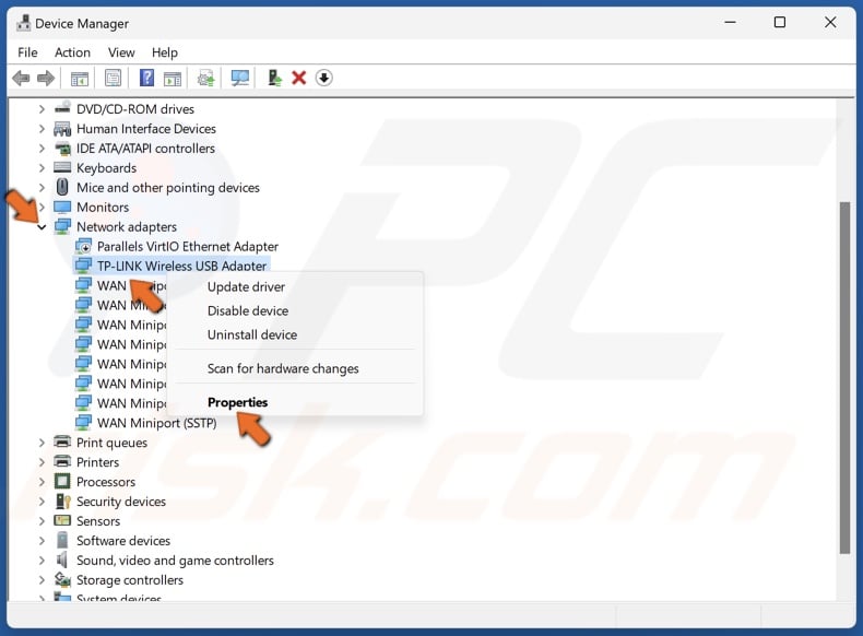 Right-click the WiFi adapter and click Properties