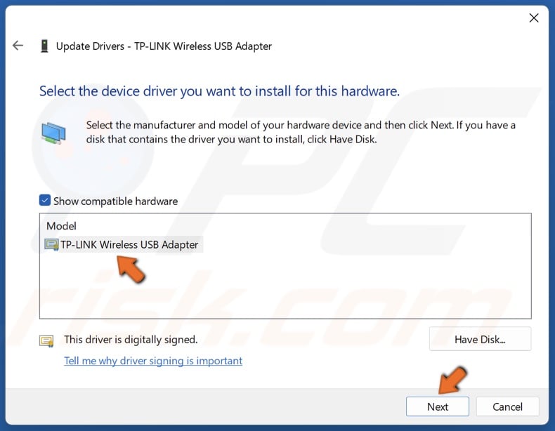 Choose a driver and click Next
