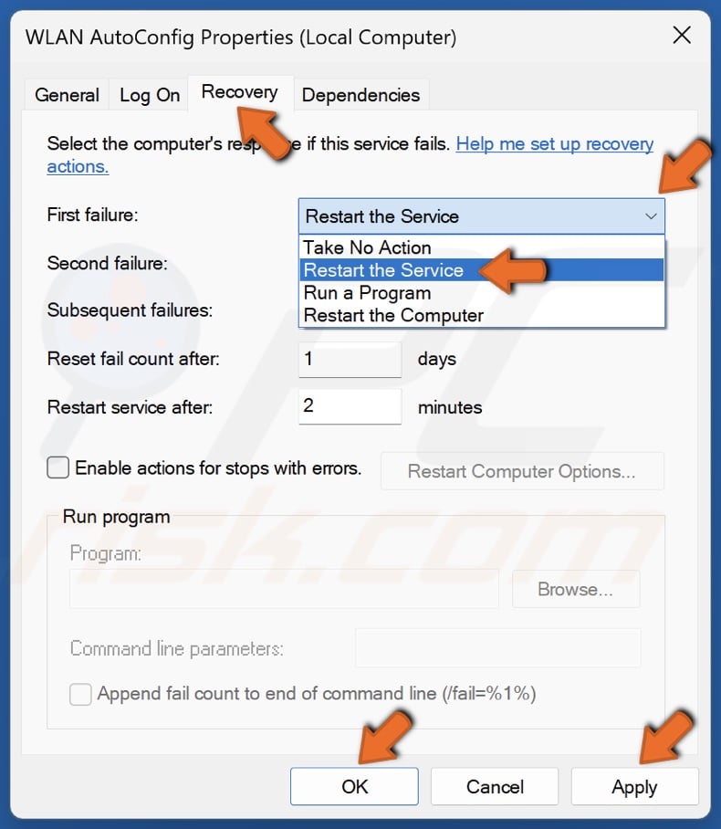 Select the Recovey tab, open the First failure drop-down menu and select Restart the Service