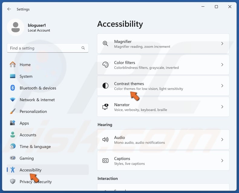 Select the Accessibility panel and select Contrast themes