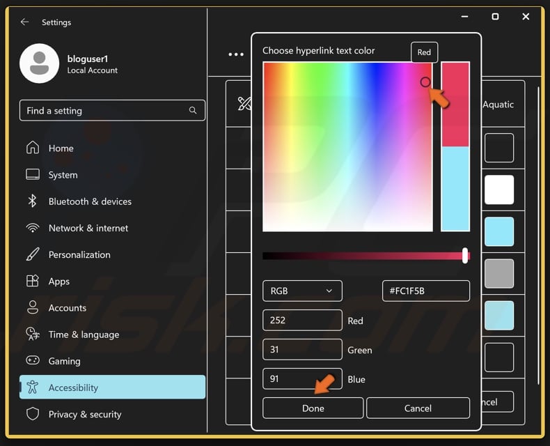 Select a custom color and click Done