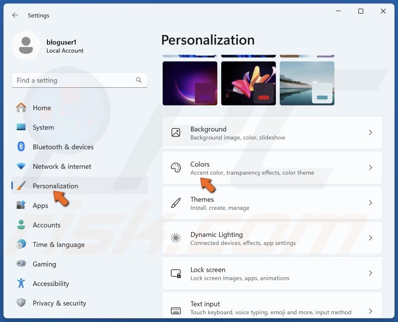 Select the Personalization panel and click Colors