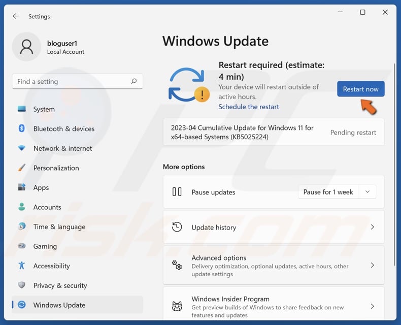 Click Restart now if prompted