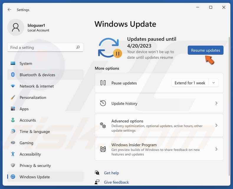 Click Resume updates