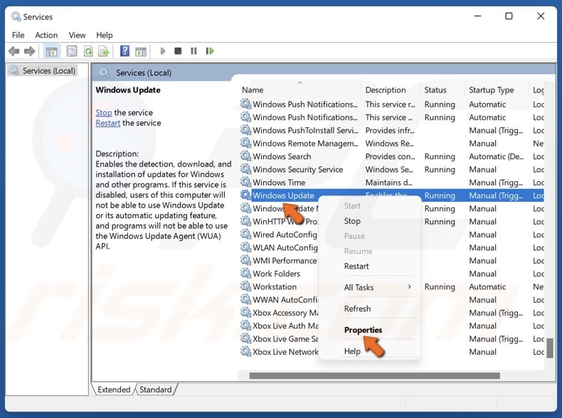 Right-click Windows Update and click Properties