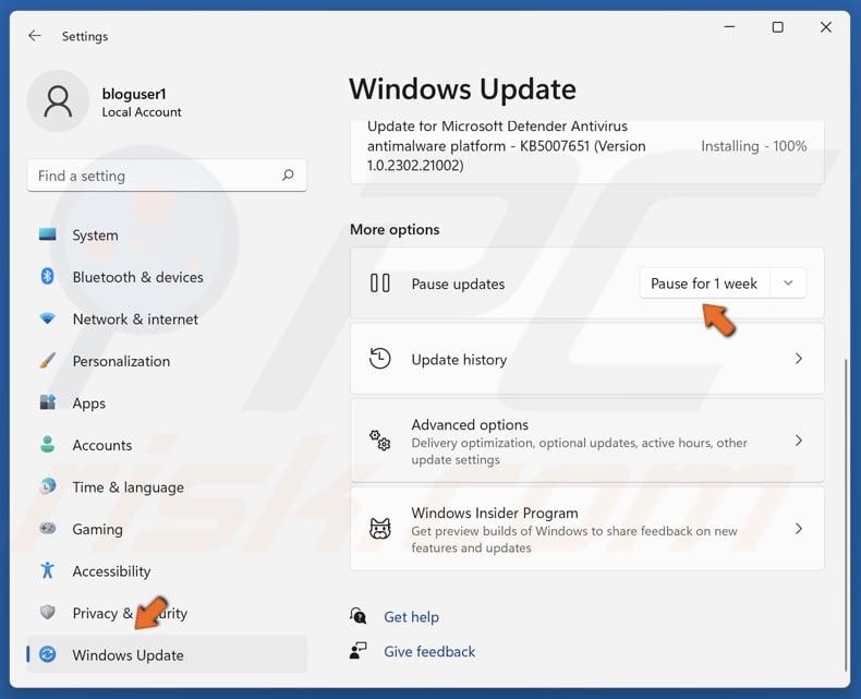 Select Windows Update and click Pause for 1weeek