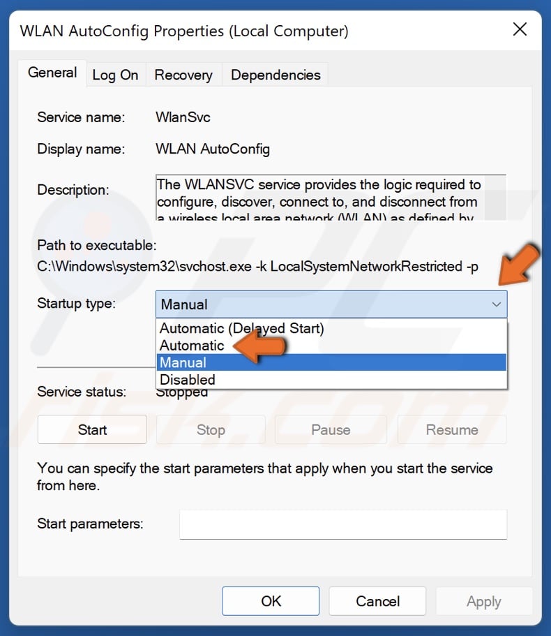 Open the WLAn Autoconfig Startup type menu and select Automatic