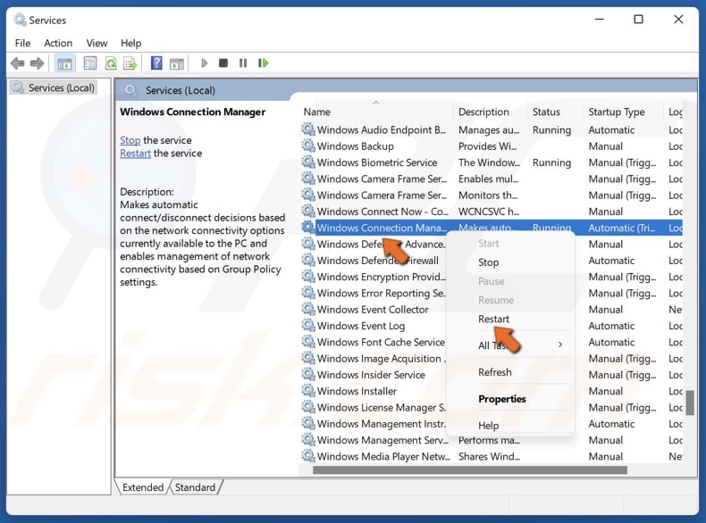 Right-click Windows Connections Manager and click Restart