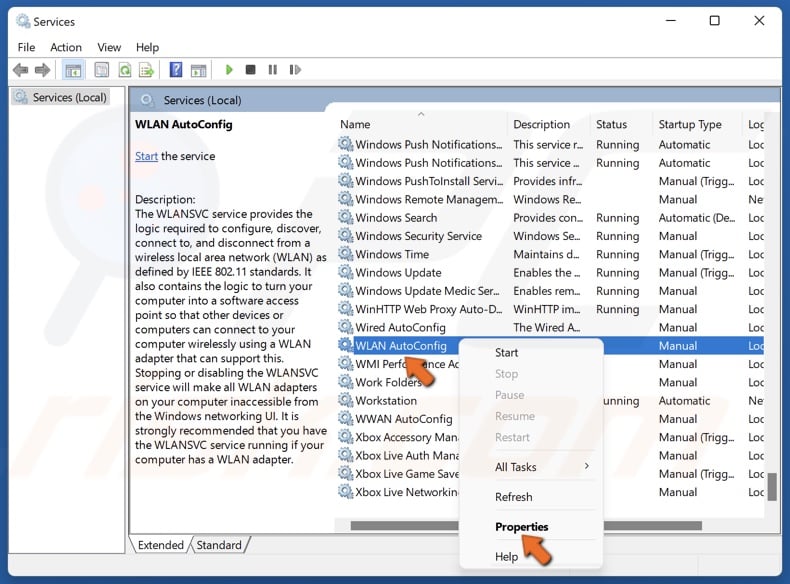 Right-click WLAN Autoconfig and click Properties
