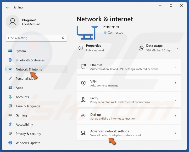 Select Network & internet and click Advanced network settings