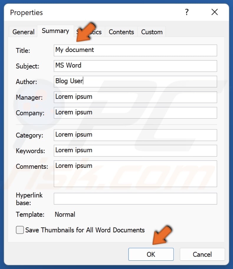 Modify the Title, Subject, Author, and other present metadata