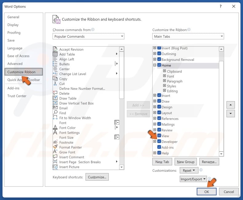 Click Customize Ribbon in the left pane mark the Developer checkbox and click OK