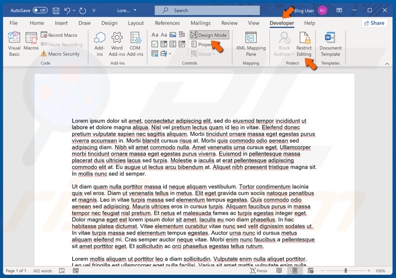 Select the Developer tab, deselect Restrict Editing and clikc Design Mode